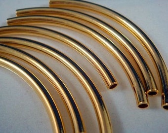10 Curved Tube Bead Gold Plated Brass 50x3mm (2 inches) - 10 Pc - M7017-G10