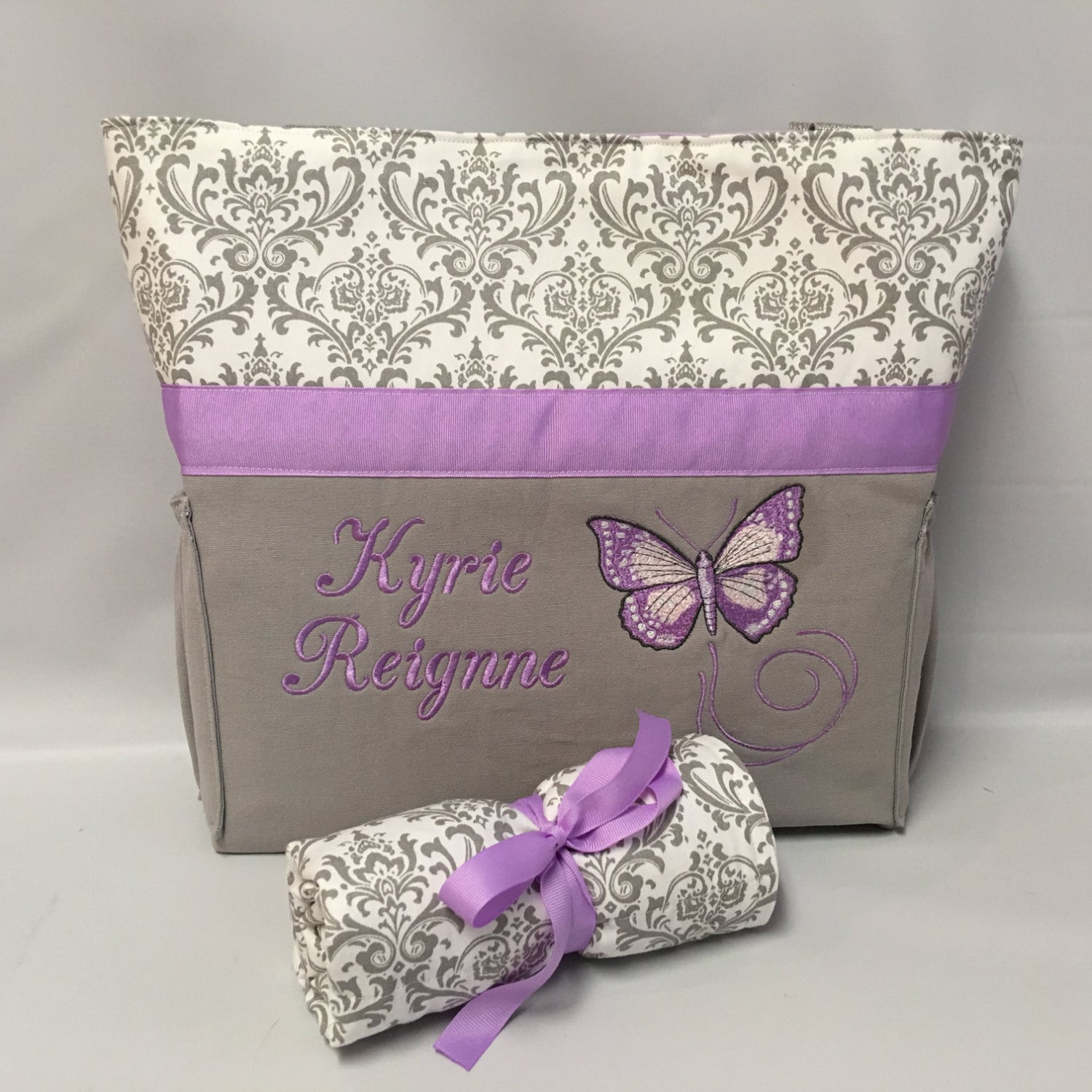 PURPLE Butterfly... Diaper Bag Set Gray DAMASK .. Bottle