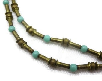Brass Beaded Necklace - Turquoise Glass, Mid Century