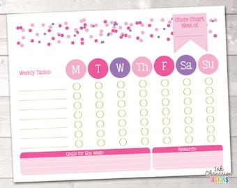 Girls Printable Chore Chart Weeky To Do List for Kids with Pink and Purple Polka Dot Confetti Instant Download