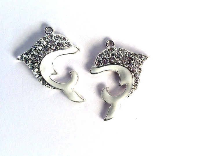 Pair of White Dolphin Charms Rhinestones Silver-tone