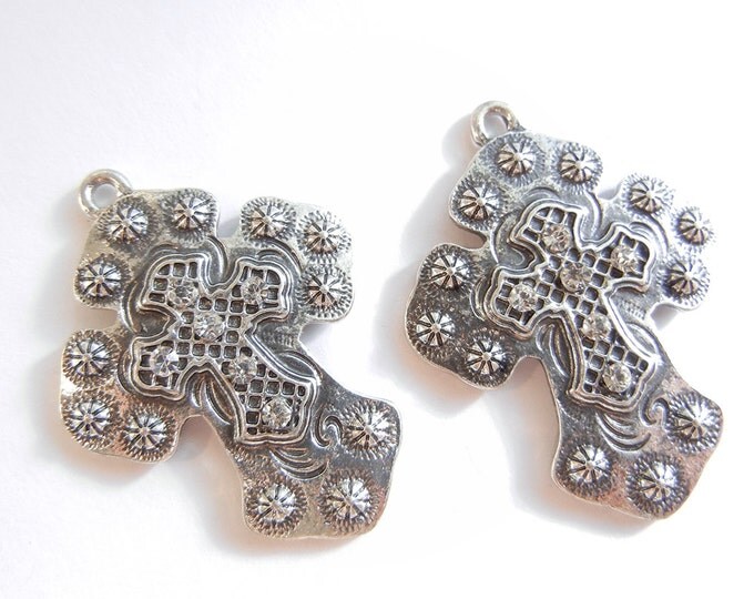 Pair of Antique Silver-tone Spanish Western Style Cross Charms with Rhinestone Accents