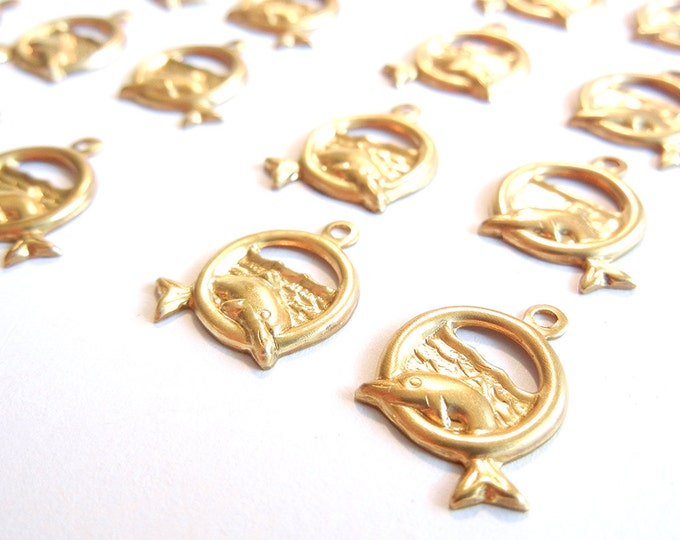 12 Pairs of Small Brass Dolphins Jumping Rings Charms