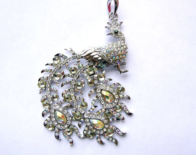Peacock Pendant Aurora Borealis Rhinestone Encrusted Silver-tone