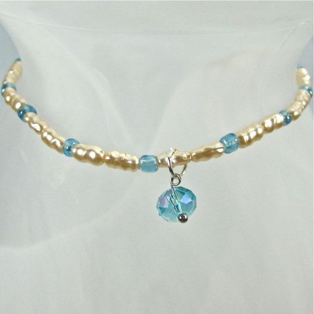 Pearl and Aqua Anklet freshwater pearls and aqua beads