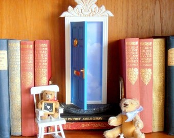 Blue Fairy Door or Tooth Fairy Door, opens outward , with architectural detail, two tiny envelopes and stationery