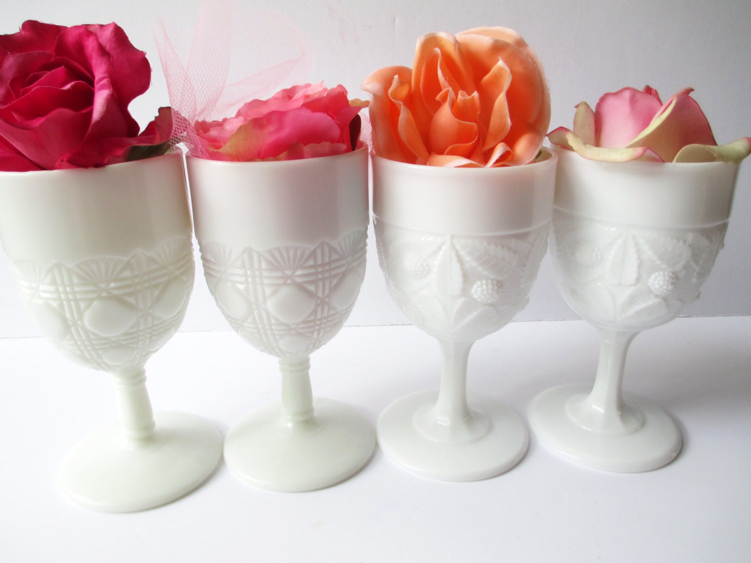 Vintage Milk Glass Goblets Set of Four Weddings Bridal