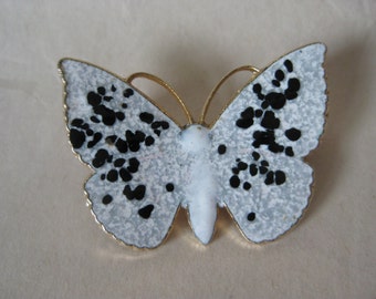 Butterfly White Black Brooch Gold Enamel Vintage Pin
