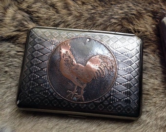 Rooster Etched Wallet / Cigarette Case in Tribal Patterned Metal -- Acid Bath Series