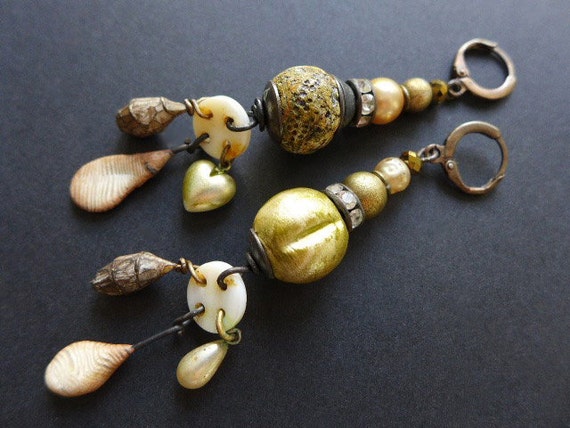 Golden Twilight. Long rustic assemblage earrings 