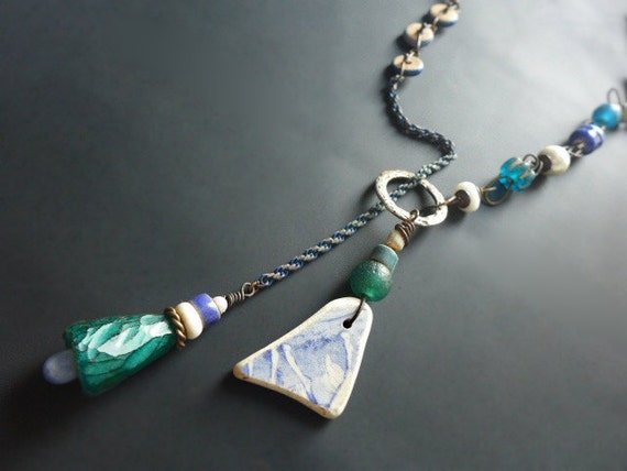 Euphonia. Rustic assemblage lariat in blue, green, and white.