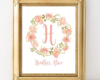 Personalized Nursery Print, Baby Girl Nursery Wall Decor, Custom Name Print, Nursery Wall Art, Girl Wall Art, Floral Monogram, Coral Nursery