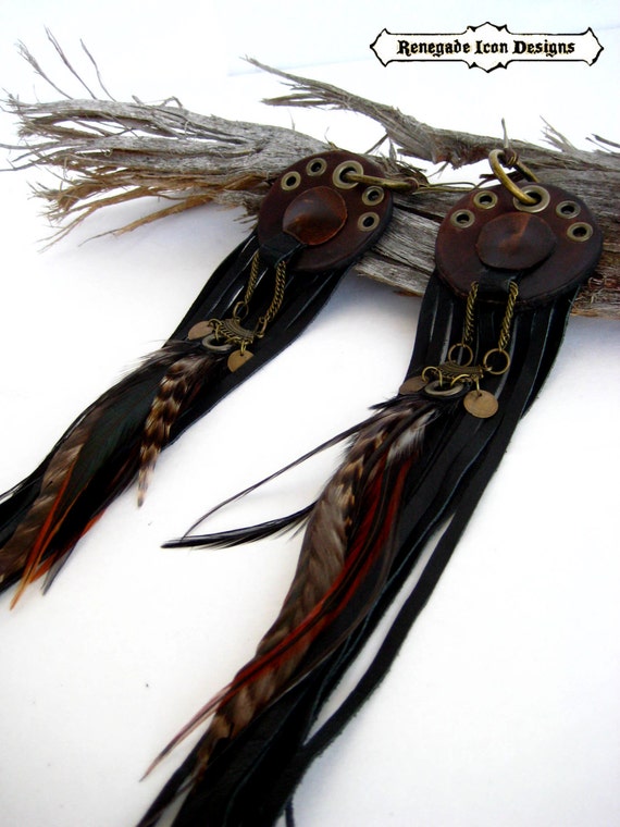 fringe earrings leather fringe earrings long by Renegadeicon