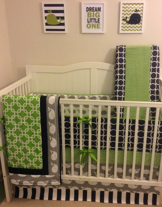 Lime Green Gray and Navy Nautical Baby Boy Crib Bedding