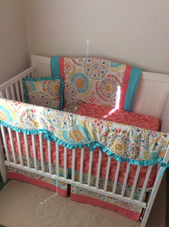 Crib Bedding Set Coral Aqua Designer Medallion READY TO SHIP