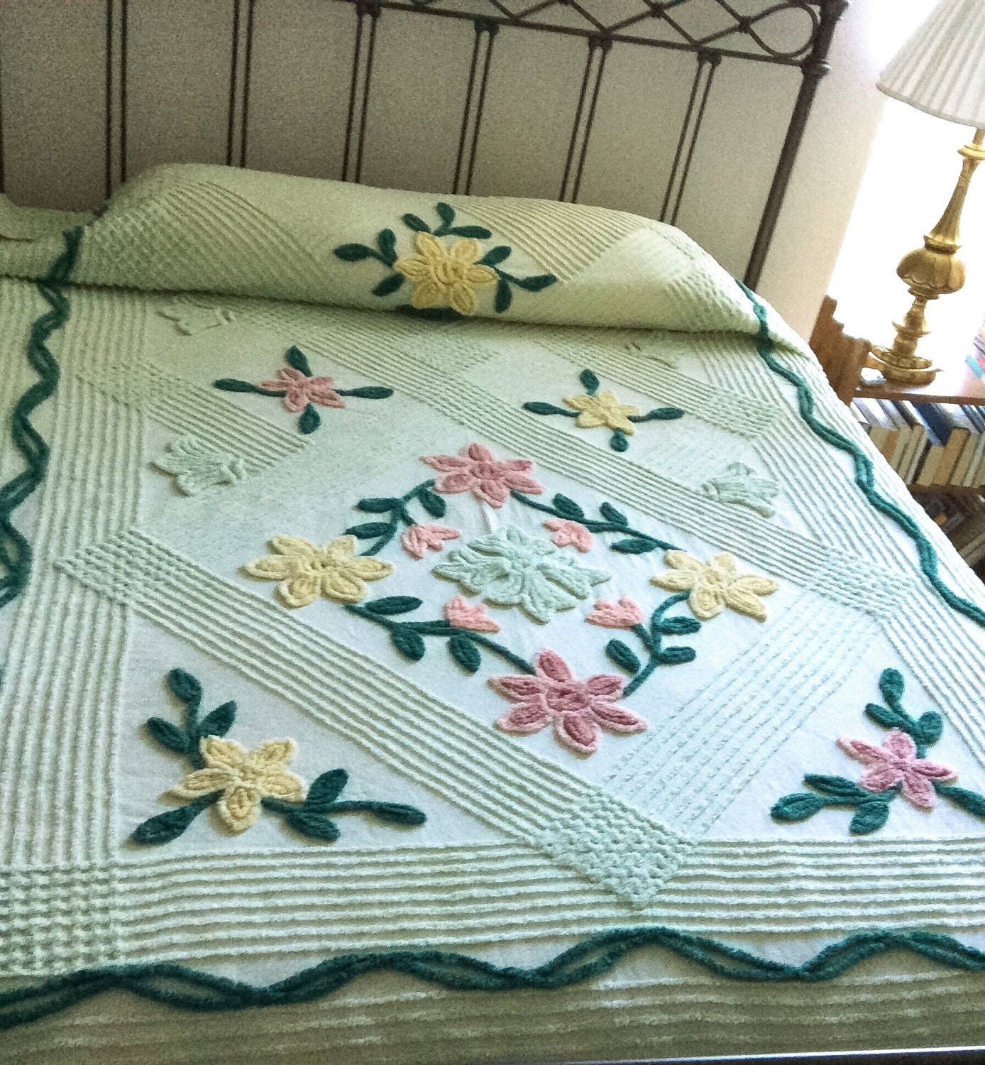 Vintage Chenille Bedspread With Flowers And Gold Border Vintage ...