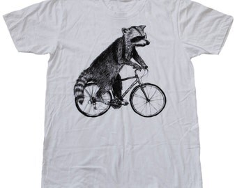 Raccoon on a Bicycle - Mens T Shirt, Unisex Tee, Cotton Tee, Handmade graphic tee, Bicycle shirt, Bike Tee, sizes xs-xxl