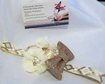 Cream Gold and White Headband,Baby Headband,Toddler Headband,Adult Headband,Adjustable Headband,Flower Girl Headband,Christening Headband