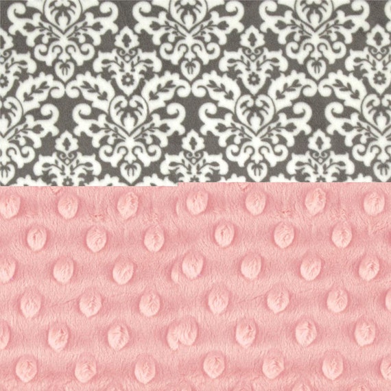 Personalized Baby Blanket Girl - Pink Gray Damask Blanket - Lovey or Tag Blanket / Mini Baby Blanket // Minky Blanket / Baby Shower Gift