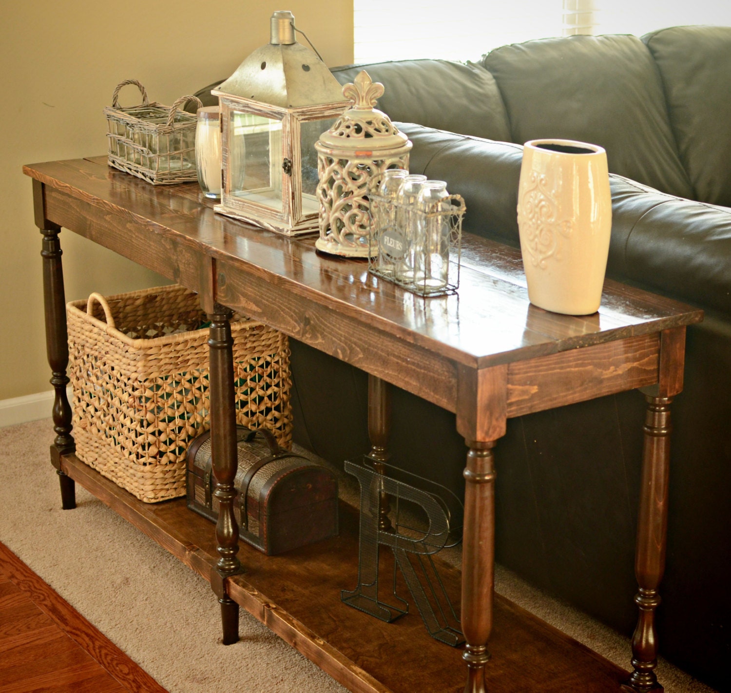 Custom wood console table with turned legs