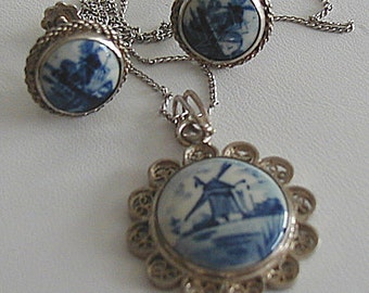 Vintage Blue Delft Sterling Pendant and Screw Back Earrings