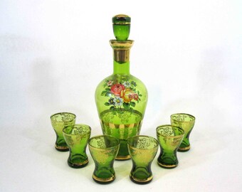 Vintage Green Glass Decanter and Glass with Flowers and Gold Detail. Circa 1930's.