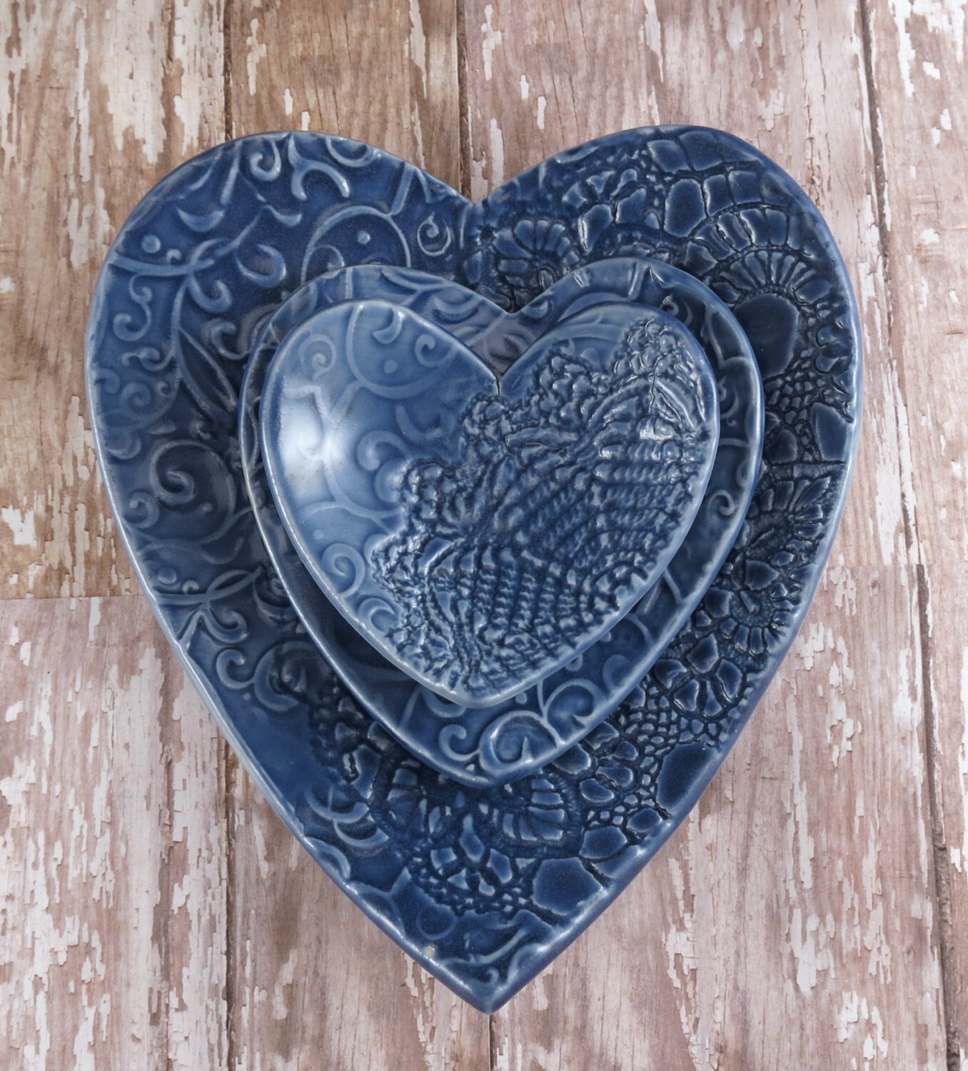 Pottery Heart Dishes Set of 3 Blue Ceramic Heart Plate Set