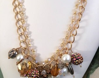 Wow Gold Double Strand Necklace with Pearls Quartz Gold Amber Rose Beads Bridesmaid Mother of Bride Wedding Jewelry