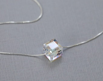 Swarovski Cube Necklace, Sterling Silver Necklace, Layering Necklace, Crystal Cube Necklace, Minimalist Necklace, Bridesmaid Necklace