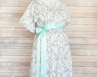 Gray Damask Maternity Hospital Delivery Gown -Super Soft -Perfect Snaps for Breastfeeding, Skin to Skin, and Epidural