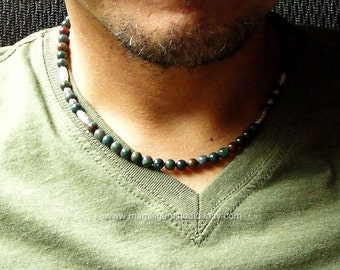 Bloodstone Mens Beaded Necklace, Green Gemstone, Men's Jewelry, Necklace for Guys, Dads, Him, Handcrafted in USA