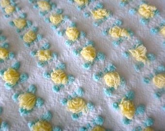 Vantona Yellow Rosebud Vintage Cotton Chenille Bedspread Fabric 6 x 25 Inches