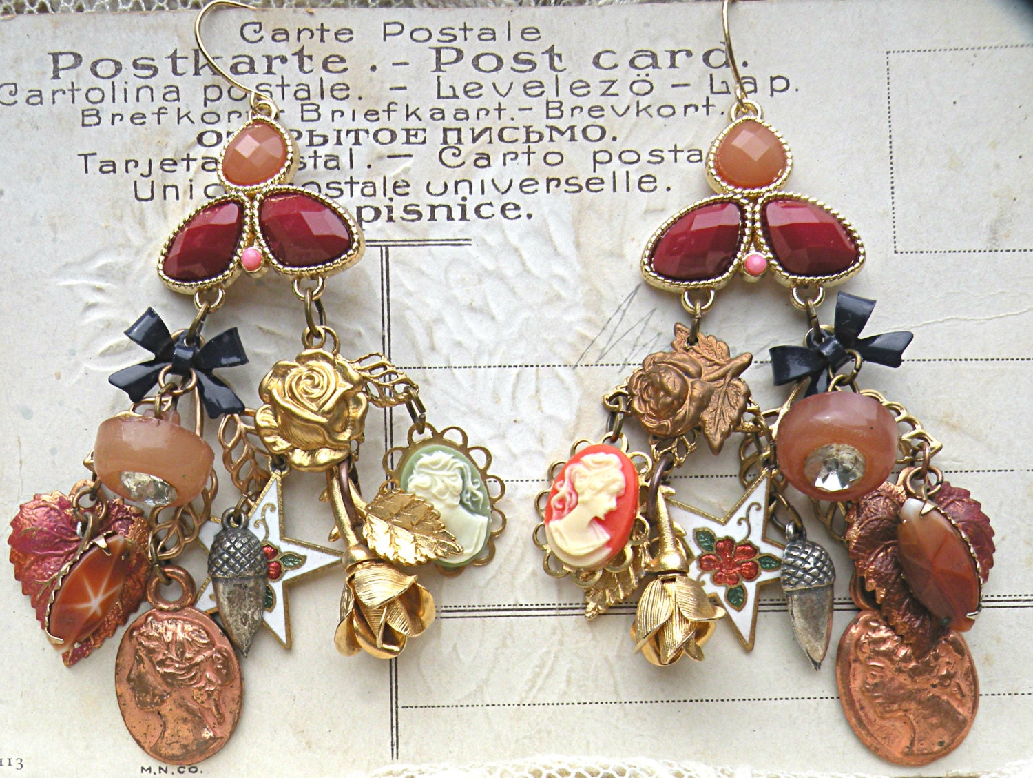 random charm earring assemblage cameo acorn by lilyofthevally