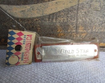 Vintage Toy Harmonica Gold Star Made in Japan Brass Reeds
