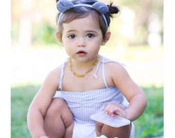 Chambray With Tiny White Flower Print Bear Ears Headband