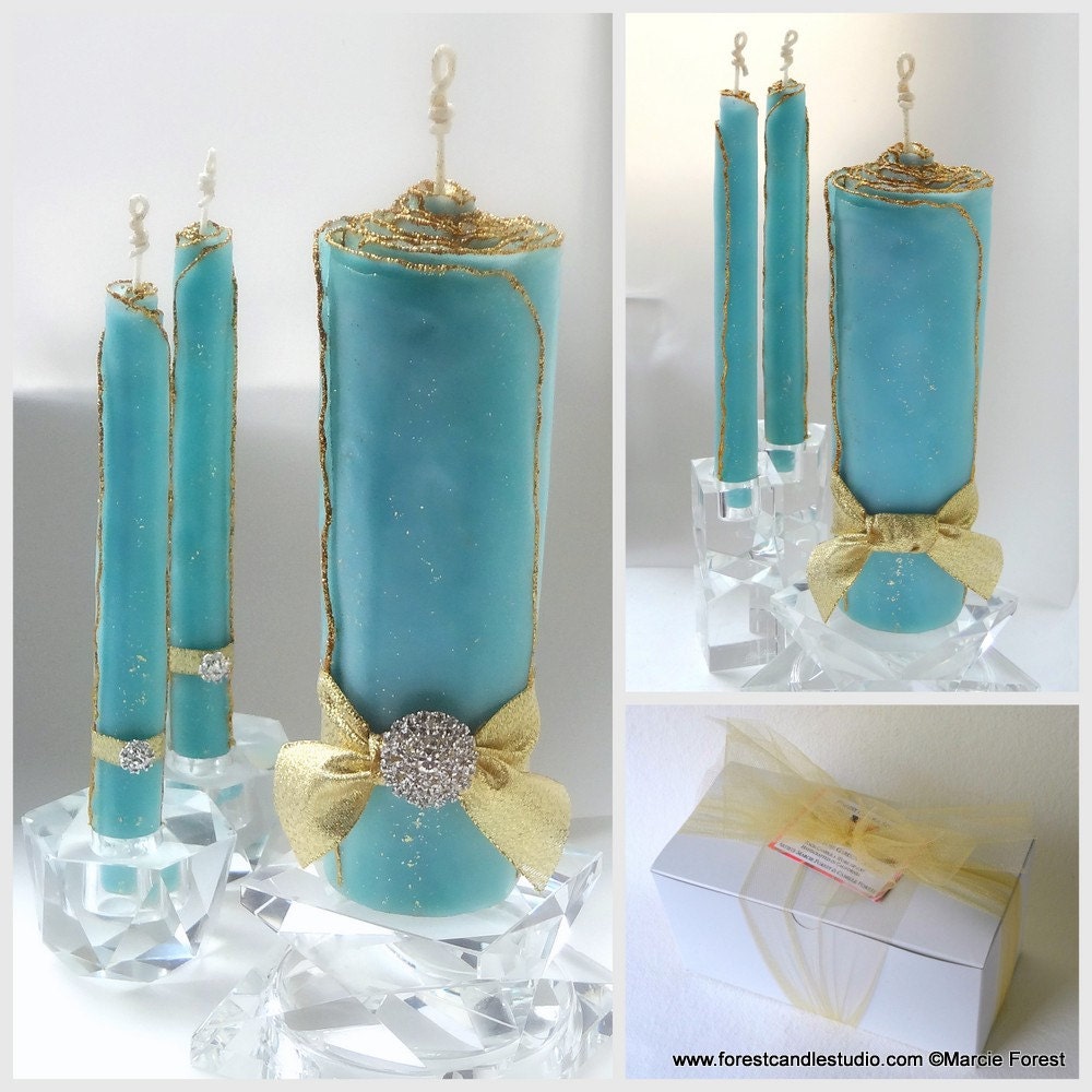 Blue & Gold Glitter Candles Turquoise By Forestcandlestudio