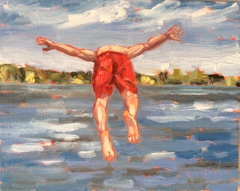 MY TURN, 8" x 10" (20 x 26 cm) original oil painting on canvas board. Yvonne Wagner. Summer. Lake. Swimmer. Boy diving. Yvonne Wagner.