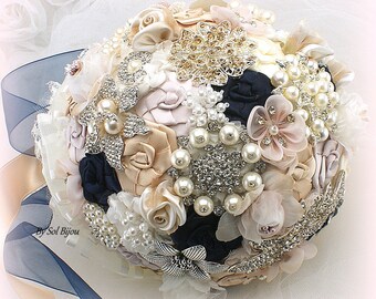 Brooch Bouquet, Blush Bouquet, Navy Blue Bouquet, Gold, Ivory, Bridal, Wedding, Jeweled, Pearls, Crystals, Lace, Vintage Wedding, Elegant
