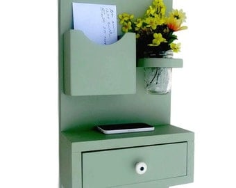 Shelf with Drawer Mail Holder -Mason Jar - Key Hooks - Key Rack - Painted Wood