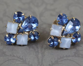 Vintage Light Blue Rhinestone and Pale Blue Moonstone Screw Back Earrings