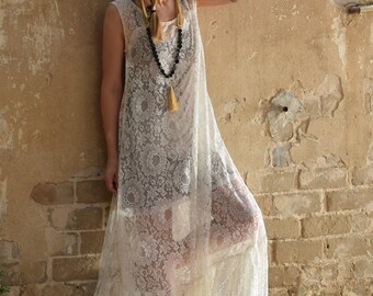 Ivory white lace maxi dress, romantic dress, wedding dress, prom dress - sexy lace dress