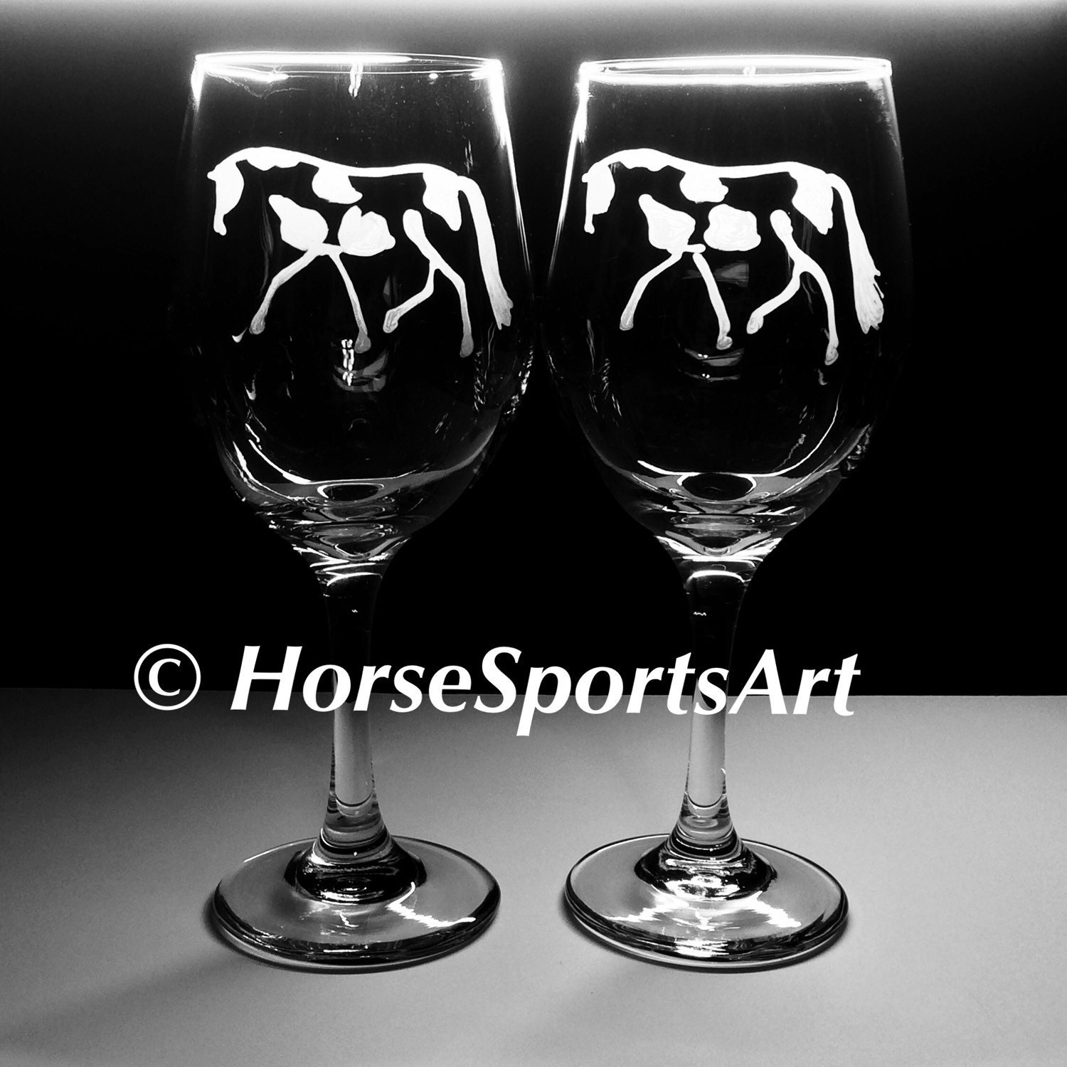4 PAINT PINTO HORSE Wine Glasses Each Hand Etched with my