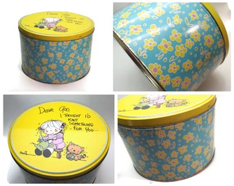 Vintage Tin, Display tin, Large tin, Cookie tin, Collectible tin, Storage tin, Blue Yellow tin, Knitters Gift, Floral tin, Dear God Kids