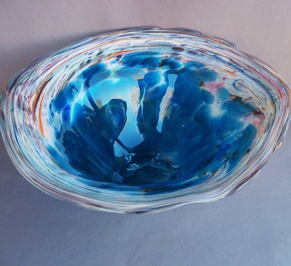 Hand Blown Art Glass Fruit Bowl on Foot Aquamarine by Route4glass