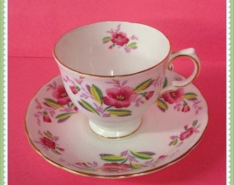 Tuscan Fine English Bone China, Tea Cup and Saucer, Pink Flowers, England, Vintage c1947 1950's