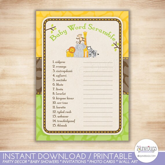 Safari Word Scramble Game - Safari Boy/Girl Baby Shower - Safari Animals, Jungle Animals - Yellow Green - PRiNTABLE, INSTANT DOWNLOAD Il_570xn