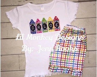 Back to School/First Day of School Girls Monogram Crayon Outfit- Kindergarten- First Day of School- First Grade- Crayon Box- Preschool