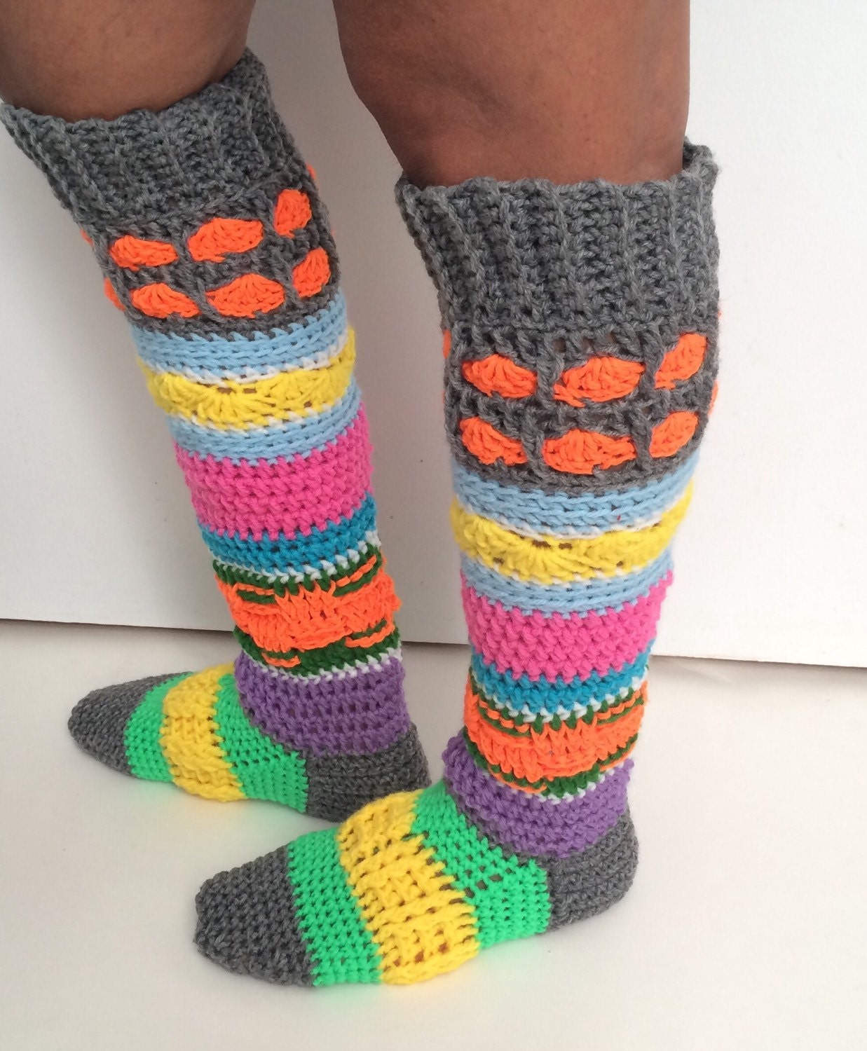 Crochet Knee High Socks Crochet Colourful Hippie Socks