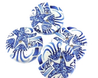 Colorful Handmade Polymer Clay Buttons 3/4 inch, Delft Design, Ocean