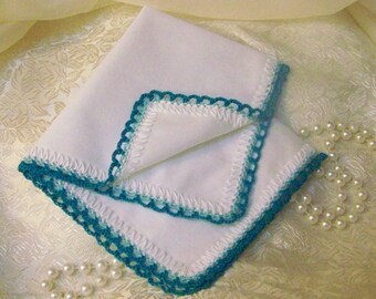 Ladies Turquoise Handkerchief, Hanky, Hankie, Hand Crochet, Lace, Monogrammed, Personalized, Embroidered, Custom, Ready to ship, Bridesmaids